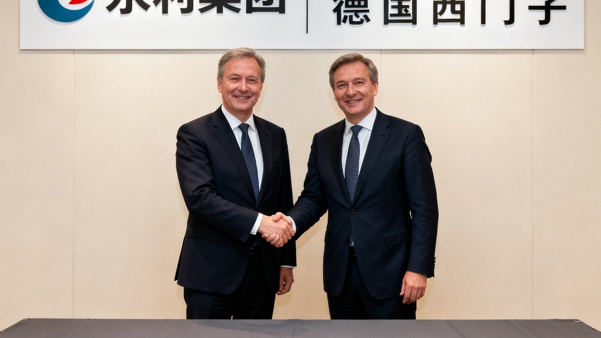 永利集团与德国西门子战略合作签约仪式，双方代表在会议桌前握手，背景墙上并列展示两家公司的标志