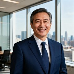 一位穿着深蓝色西装的中年男性客户代表，面带微笑站立在现代化办公室中，身后是落地窗和城市景观