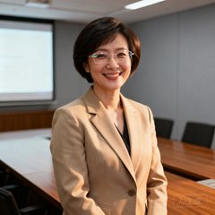 一位干练的短发女性企业高管，戴着无框眼镜，穿着米色西装外套，在会议室中露出自信微笑